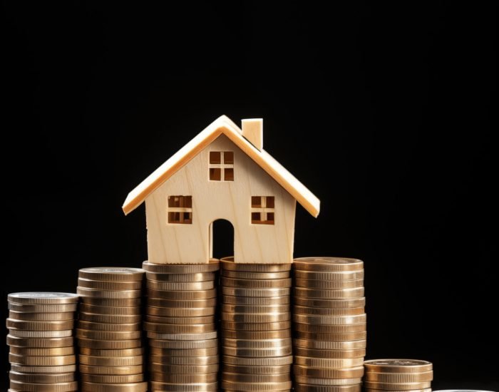 house miniature on top of one straight coins stack --ar 9:16